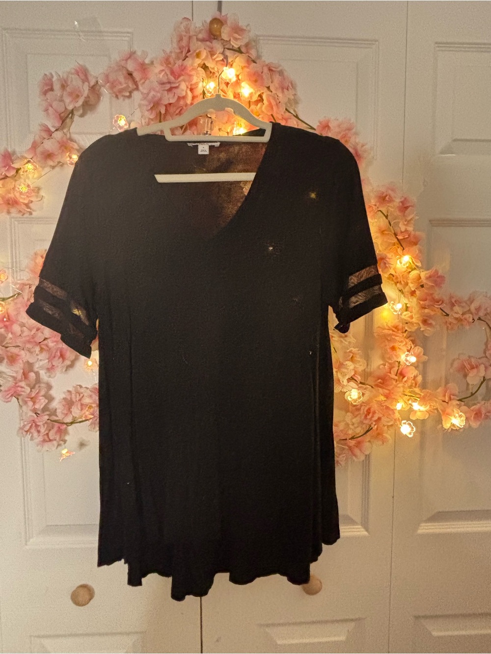 Bar III Black V-Neck Short Sleeve Top with Stripe Detail